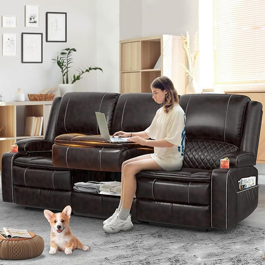 3-Seater Recliner Sofa, Manual Reclining Couch with Multi-Functional Middle Seat, Reclining Sofa for Living Room with Hidden Storage Space, Cup Holders, and Removable Console - PU Brown