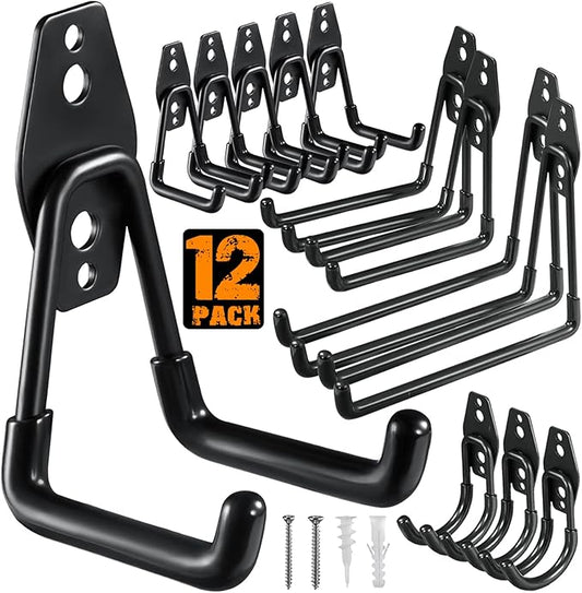 12 Pack Garage Hooks Heavy Duty Utility Steel with Anti-Slip Coating Wall Mount Storage Organizer for Hanging Power and Garden Tools, Ladders, Hose, Bikes, Ropes, Bulk Items, and More