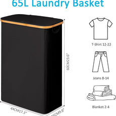 efluky Slim Laundry Basket with Lid, Narrow Laundry Hamper with Removable Bag, Skinny Dirty Clothes Basket with Bamboo Handles for Bathroom, Bedroom & Laundry Room, 65L Black