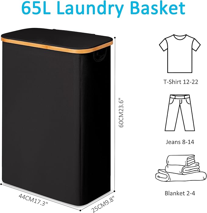 efluky Slim Laundry Basket with Lid, Narrow Laundry Hamper with Removable Bag, Skinny Dirty Clothes Basket with Bamboo Handles for Bathroom, Bedroom & Laundry Room, 65L Black