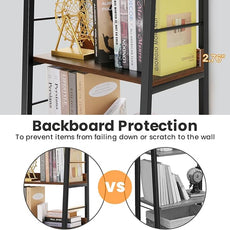 Himimi Industrial Bookshelf 5-Tier, Home Office Bookcase Ladder Shelf, Freestanding Storage Shelves Rack Shelf Unit, Brown Ladder Bookcases with Metal Frame for Bedroom, Living Room, Kitchen