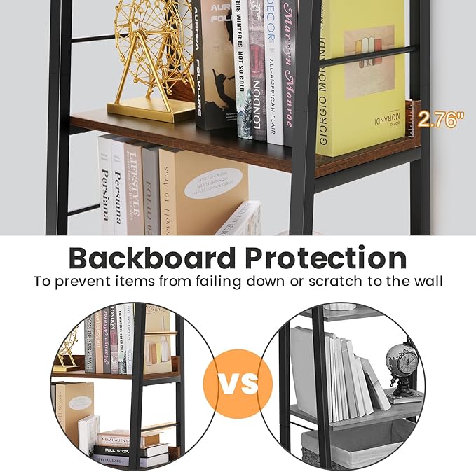 Himimi Industrial Bookshelf 5-Tier, Home Office Bookcase Ladder Shelf, Freestanding Storage Shelves Rack Shelf Unit, Brown Ladder Bookcases with Metal Frame for Bedroom, Living Room, Kitchen