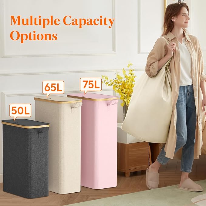 Lifewit 75L Slim Laundry Hamper with Lid, Narrow Laundry Basket with Removable Bag & Bamboo Handles, Fodable Thin Dirty Clothes Hamper for Laundry Collapsible Bin for Bathroom Bedroom Dorm, Dark Gray