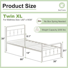 14 Inch White Twin XL Bed Frames with Headboard and Footboard, Metal Bed Frame Twin XL Victorian Style, Heavy Duty Mattress Foundation, No Box Spring Needed, Easy Assembly