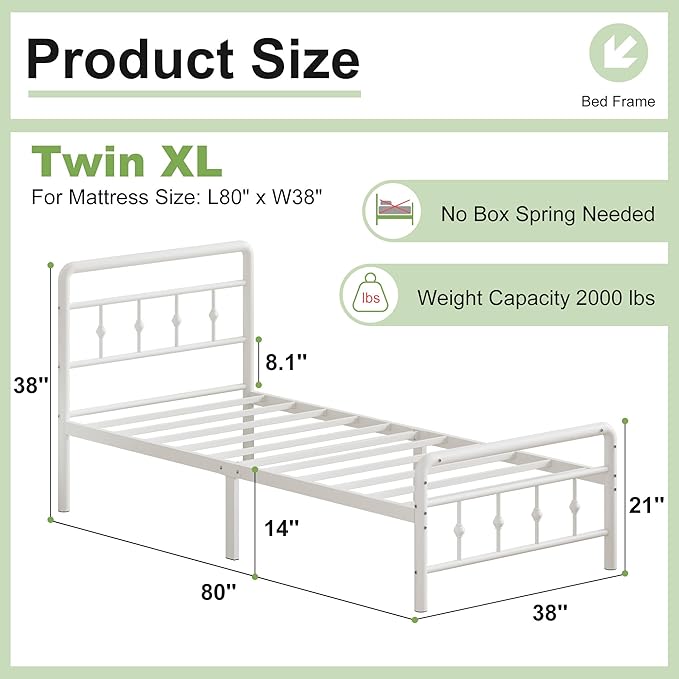 14 Inch White Twin XL Bed Frames with Headboard and Footboard, Metal Bed Frame Twin XL Victorian Style, Heavy Duty Mattress Foundation, No Box Spring Needed, Easy Assembly