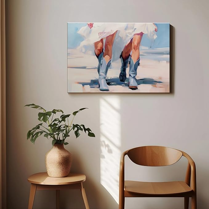Cowgirl Boots Wall Decor, Girly Western Paintings for Apartment, Trendy Western Cowboy Boot Painting Girls Aesthetic Canvas Prints Cowboy Boot Wall Art Prints for Teen Girls Bedroom Framed 16x24 in