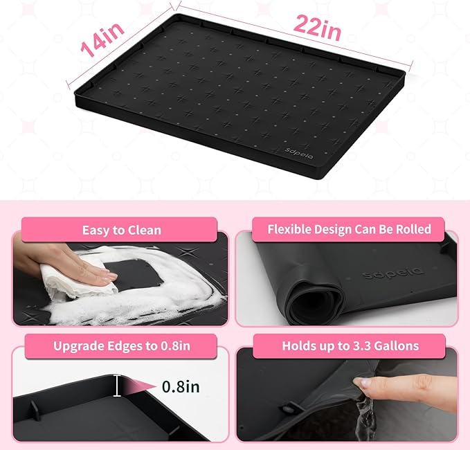 Sdpeia Under Sink Mat 22"×14" Waterproof Silicone Cabinet Liner & Sink Protector for Kitchen & Bathroom, Multi-Purpose Organizers Tray for Pets, Laundry, Cat Litter Mat, Black