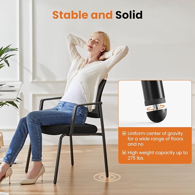 Sweetcrispy Mesh Back Stacking Arm Chairs 4 Pack, Upholstered Fabric Stack Chairs, Sturdy Metal, Easy to Use and Store, Outdoor and Indoor, for Home, Office, Party, Comfy，Black