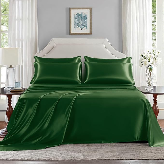 Satin Sheets Full Size - 6 Pieces Luxury Silky Soft Bed Sheets, Wrinkle-Free Dark Green Satin Silk Sheet Set with 1 Deep Pocket Fitted Sheet, 1 Flat Sheet, 4 Pillow Cases