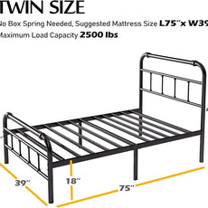 Twin Size Bed Frame with Headboard and Footboard, 18 Inches High, 3500 Pounds Heavy Duty Metal Slats Support for Mattress, No Box Spring Needed,Noise-Free, Black