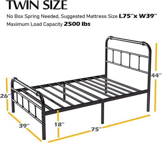 Twin Size Bed Frame with Headboard and Footboard, 18 Inches High, 3500 Pounds Heavy Duty Metal Slats Support for Mattress, No Box Spring Needed,Noise-Free, Black