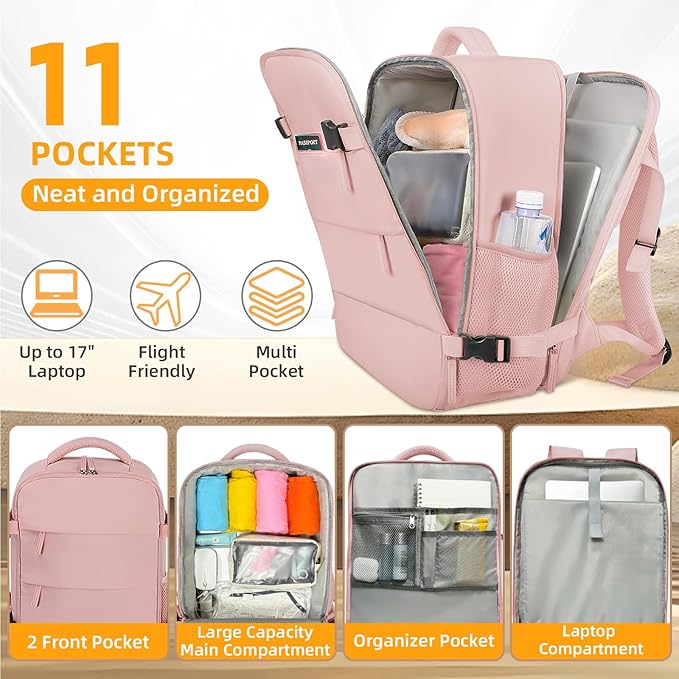 Travel Backpack For Women Men Airline Approved Carry On Backpack, Waterproof Outdoor Sports Rucksack Weekender Overnight College Business Backpack Fits 17 Inch Laptop - Pink