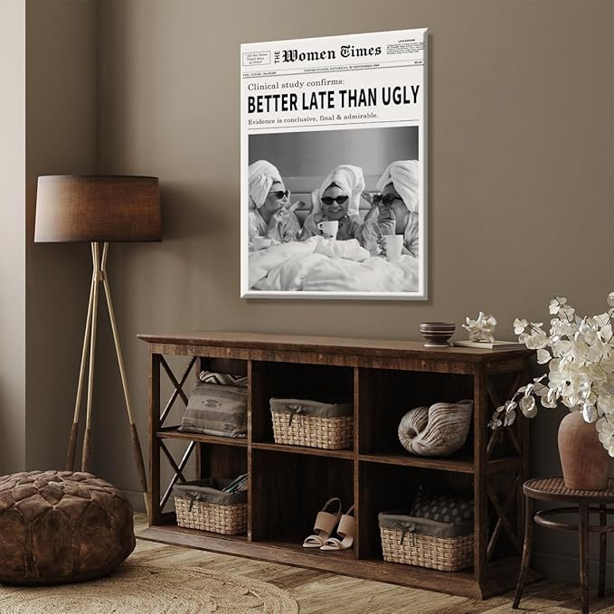 Vintage Women Times Black and White Newspaper Wall Art Better Late Than Ugly Poster Canvas Prints Funky Feminist Posters Trendy College Wall Decor for Bar Cart Girl Dorm Room 12x16inch Framed