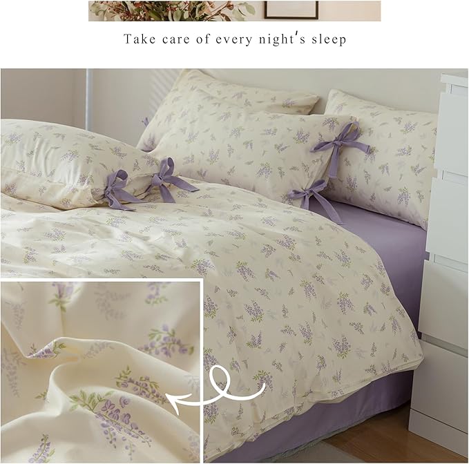 HighBuy Garden Floral Duvet Cover Twin XL with 2 Bowknot Bow Tie Pillowcases Coquette Aesthetic Comforter Cover Soft Cotton 3 Piece Botanical Boho Duvet Cover with Purple Flowers Bedding Set