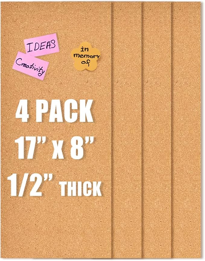 17x8 Cork Board Tiles Bulletin Board, 1/2" Thick Self-Adhesive Cork Boards for Walls, Cork Tiles Vision Board for Home, Office, School, Bulletin Board Decorations(12mm,4pc)
