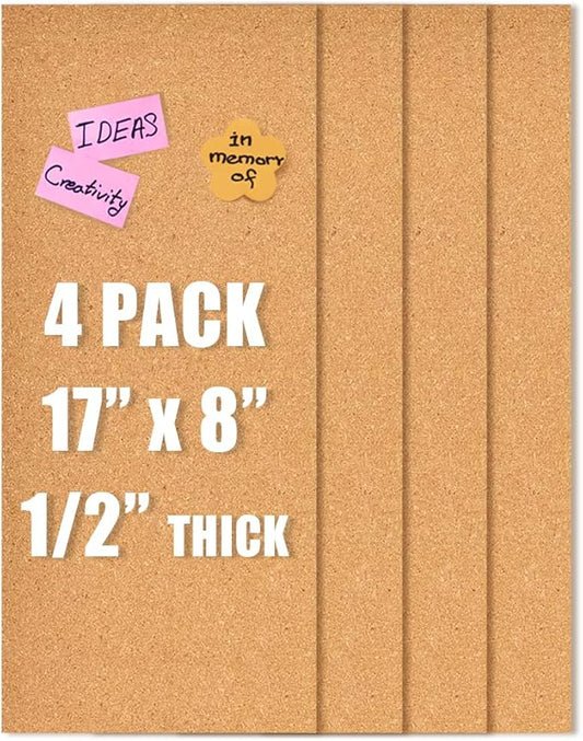 17x8 Cork Board Tiles Bulletin Board, 1/2" Thick Self-Adhesive Cork Boards for Walls, Cork Tiles Vision Board for Home, Office, School, Bulletin Board Decorations(12mm,4pc)
