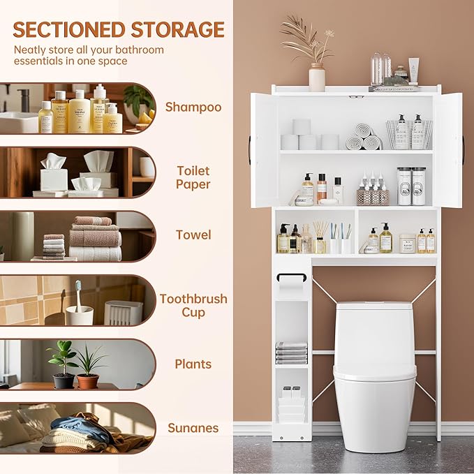 FURSUN 32" W Over The Toilet Storage Cabinet with Metal Frame, Bathroom Organizer with Adjustable Shelves and Paper Holder, 7 Storage Shelves, Farmhouse Storage Cabinet for Bathroom, Laundry, White
