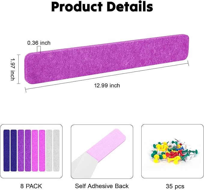 8Pcs Felt Bulletin Board Strips, Cork Board Strips for Walls Self Adhesive with 50 Pushpins, Colorful Cork Strips for Office Classroom Decor, Small Bulletin Board to Paste Photos, Notes (Pink)