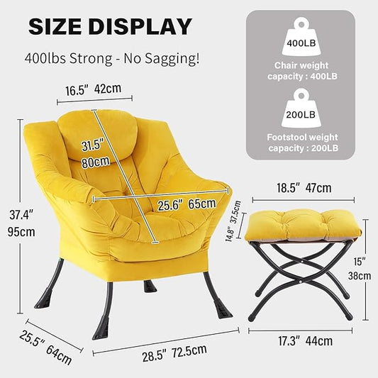 Tiita Lazy Chair with Ottoman, Modern Large Accent Lounge Armchair, Comfy Leisure Sofa Reading Chair with Footrest for Bedroom, Living Room, Dorm Rooms, Garden and Courtyard, Velvet Yellow