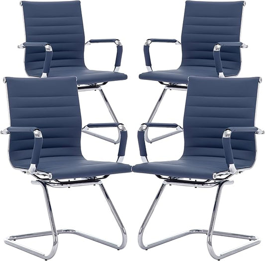 Office Desk Chair No Wheels Set of 4 PU Leather Computer Chairs Mid Back Guest Chairs for School Reception Conference Waiting Room, Navy Blue