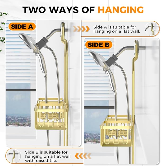 REINHARDT Aluminum Shower Caddy Hanging Adjustable Shower Caddy, Rustproof Hanging Shower Organizer with Hooks Soap Holders, Over Shower Head Caddy for Handheld Showerhead, Gold
