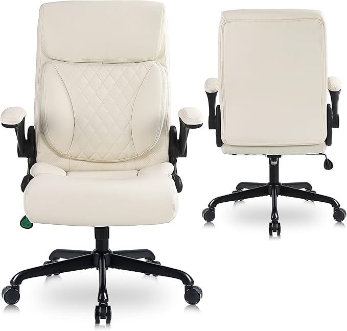 Youhauchair Executive Office Chair, Ergonomic PU Leather Computer Desk Chair with Lumbar Support, Flip-up Armrests and Adjustable Height, for Home Office, Beige