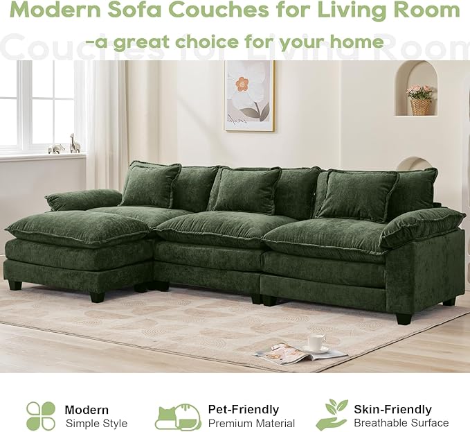 120" Modular Sectional Sofa, Comfy Cloud Couch Sectional Sofa with Ottoman, Chenille Sofa Sleeper Deep Seat Sofa with Throw Pillows for Living Room (Green, 120"- L Shape)