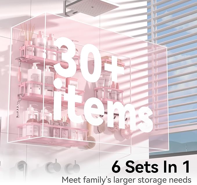 YASONIC Shower Caddy, 6 Pack Large Capacity Bath Organizer with Soap Holder and 12 Hooks, Rustproof Shower Shelves for Inside Shower, No Drilling&Sleek Bathroom Organizers and Storage Pink