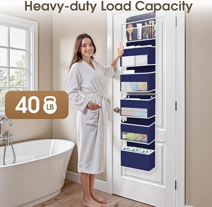 6-Tier Over The Door Organizer Hanging Storage Organizers with Clear Window 40lb Large Capacity Room Organizer for Pantry Bathroom Nursery Closet(Blue)