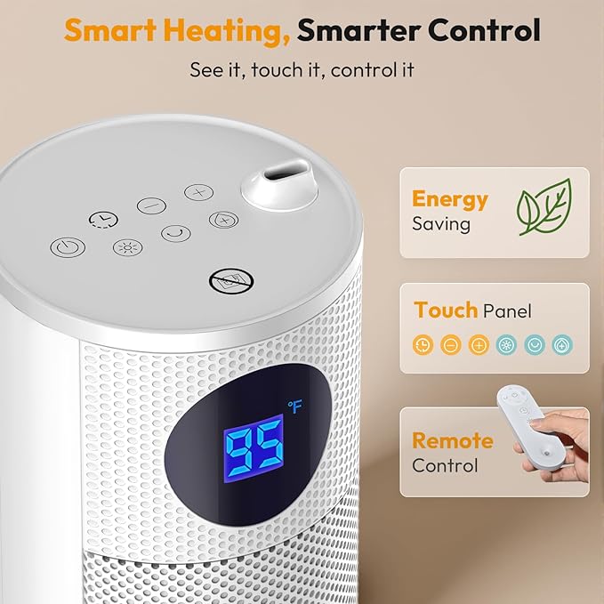 Space Heater with Humidifier - Portable Tower Heater for Indoor Use with 1L Water Tank, Space Heater Large Room, Office, Bedroom, Oscillation, 3 Heating Modes, 12H Timer, Tip-over Protection