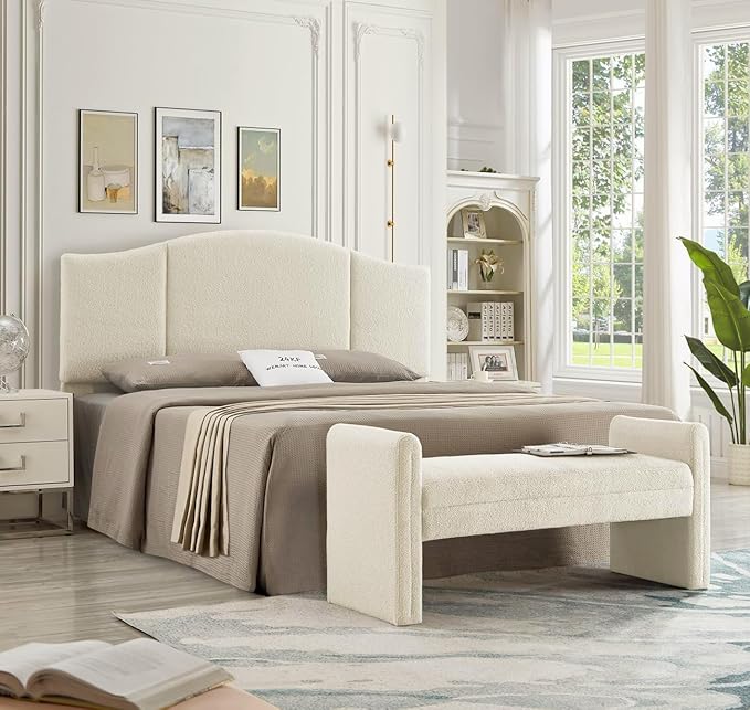 24KF Modern Upholstered Bed Bench Covered with Soft Boucle Teddy Fabric, Lovely Entryway Bench Ottoman with Armrest,5062-Cream