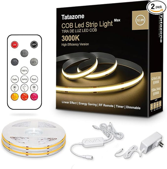 32.8ft 3000K Bright COB LED Strip Light, Dimmable, Warm White, Indoor, RF Remote, Adhesive, for Living Room, Shelf, Cabinet, Kitchen