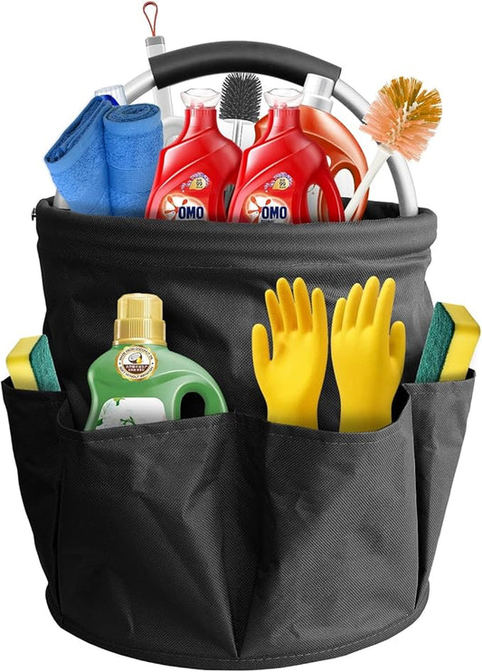 Bucket 17L Cleaning Organizer with Handle with 6 Pockets Foldable Storage Blue Portable Cleaning Bucket Bag Shower Box Home Garden Multifunctional Camping Storage Basket (Black)