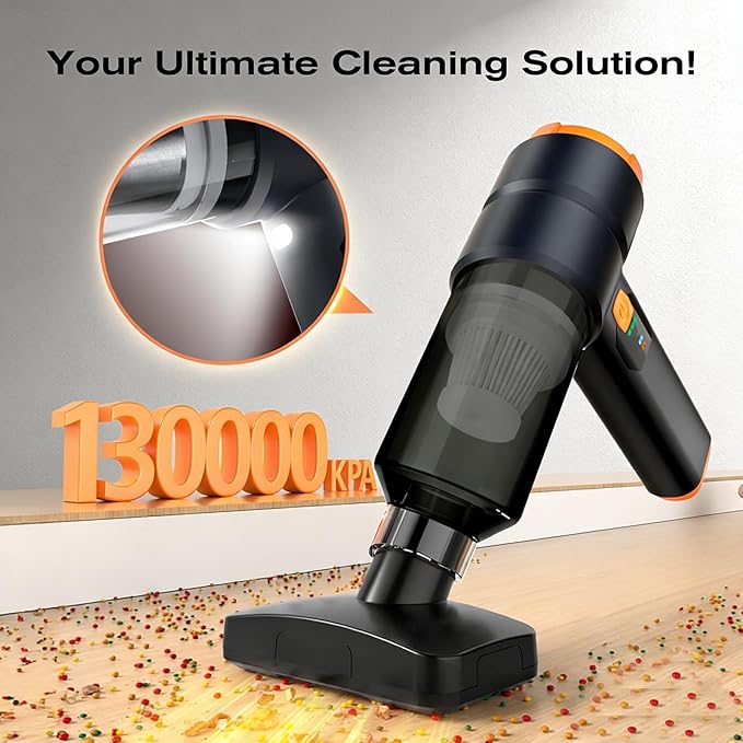 Car Portable Handheld Vacuum Cordless Cleaner with 13000PA Suction, 130000RPM, 6800mAh Battery, 10 Nozzles, Rubber Paint Material for Car, Home, Pet Cleaning（Black Orange）