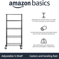 Amazon Basics 5-Shelf Adjustable, Heavy Duty Storage Shelving Unit on 4'' Wheel Casters, Metal Organizer Wire Rack, 30