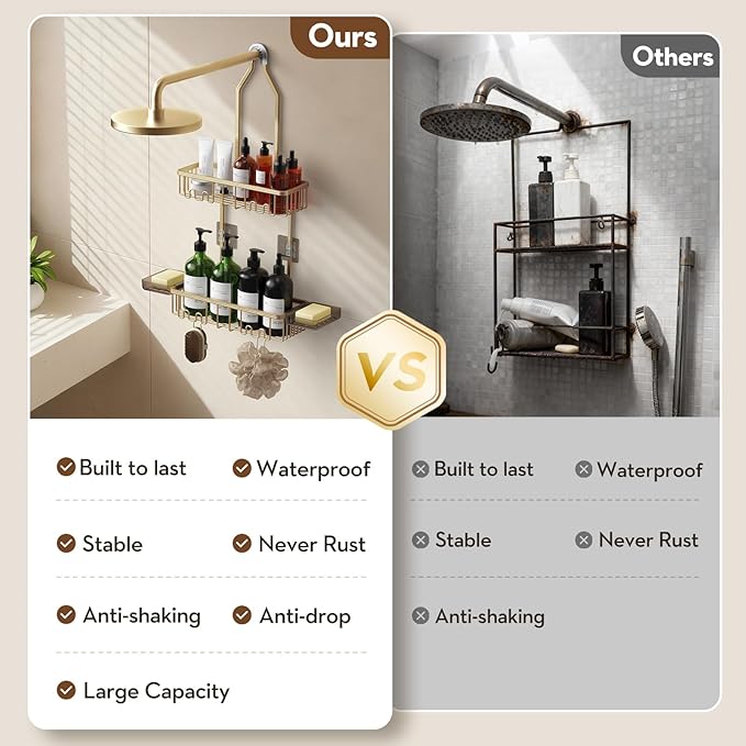 Shower Caddy Hanging, Shower Organizer Hanging, Aluminum Shower Racks for Inside Shower with Hooks for Razor, Never Rust Bathroom Organizers and Storage with Soap Holder, Gold