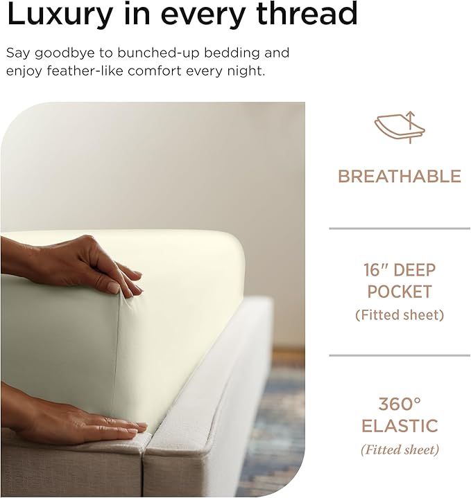 Threadmill 100% Cotton Sheets for Cal King Size Bed - 600 Thread Count Cal King Bed Sheets Set with 16” Deep Pocket - Sateen Weave 4-Piece Bedding Set with Cooling Effect, Ivory