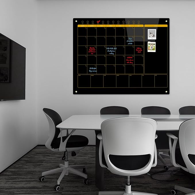 Magnetic Glass Blackboard Calendar 48"x36" Monthly Glass Dry Erase Board for Wall Planner GlassBlack Board Calender Wall Mounted for Office School Home(Black)