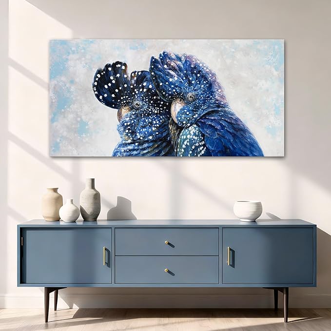 YETHEN WAL Blue Parrot Wall Art, Extra-Large Blue Bird Canvas Print, Cobalt Textured Animal Artwork for Living Room Bedroom Hallway, 24×48 Inch