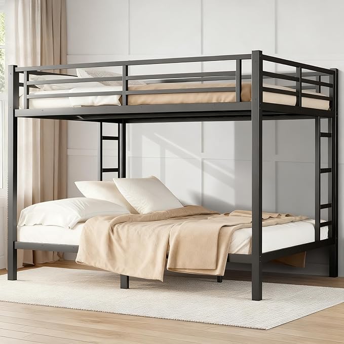 Queen Over Queen Bunk Bed, Metal Bunk Bed Frame Heavy Duty Bunk Beds Loft Bed Frame with Ladder and Guardrail Metal Slats No Box Spring Required for Adults Teens,Black
