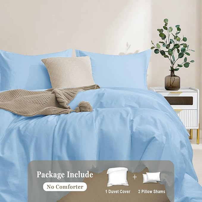100-Percent Cotton Duvet Cover Set, Hidden Zipper Closure, Ultra Soft, Easy Care and Durable, Simple Bedding Style, King, Light Sky Blue (Comforter Not Included)