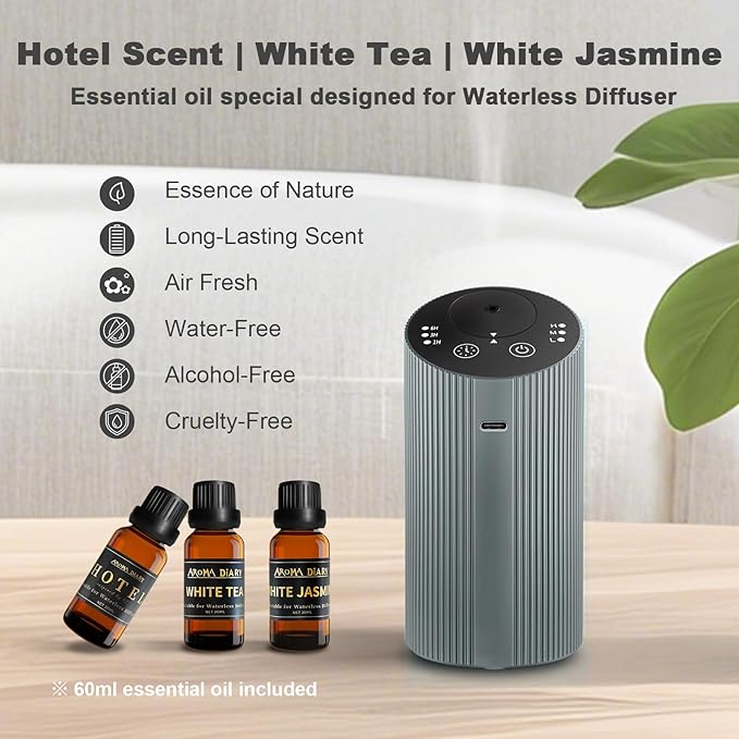 Waterless Essential Oil Diffuser Starter Kit for Home Car Office, Small Scent Diffuser with 60mL Fragrance Oil, Battery Operated, Portable Aromatherapy Diffuser Machine，Silvergrey with Hotel Scent