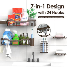 Shower Caddy Adhesive Shower Organizer 7-Pack, Rustproof Stainless Steel Bathroom Shelves, Large Capacity No-Drill Rack Storage Accessories with Soap Dish Toothbrush Holder Hooks (Brown)
