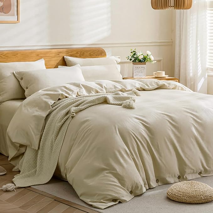 JELLYMONI Cotton Duvet Cover Queen Size - Light Khaki Comforter Cover with Button 100% Washed Cotton 3PCS Breathable Soft Solid Bedding Set Duvet Cover 90×90in & 2 Pillowcases (NO Comforter)