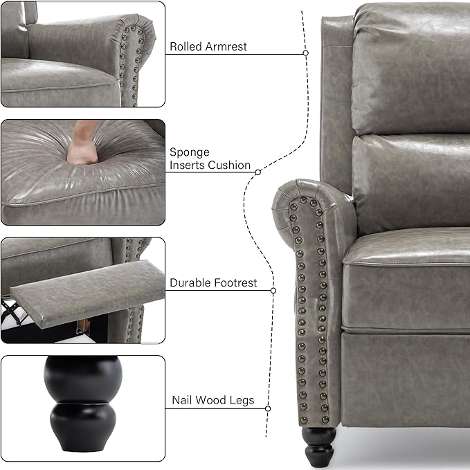 Faux Leather Recliner Chair, Modern Pushback Armchair with Adjustable Backrest & Footrest for Bedroom, Living Room-Grey, Set of 2