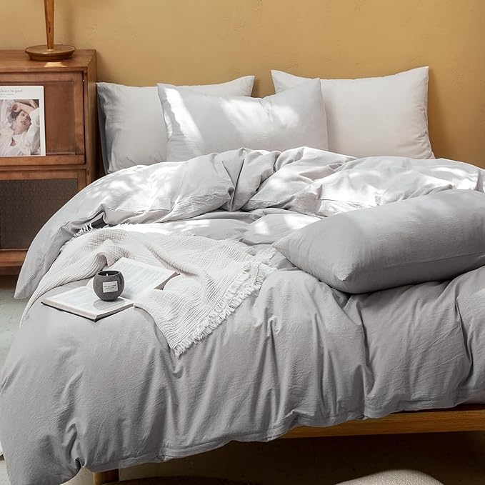 FOSSA Duvet Cover Set 100% Washed Cotton Linen Feel Super Soft Breathable Cozy 3 Pieces Bedding Sets Solid Grayish Queen