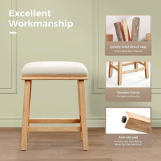 MAISON ARTS Off White Counter Height 24 inch Bar Stools Set of 2 for Kitchen Counter Solid Wood Legs with Faux Leather Padded Seat Farmhouse Barstools for 34