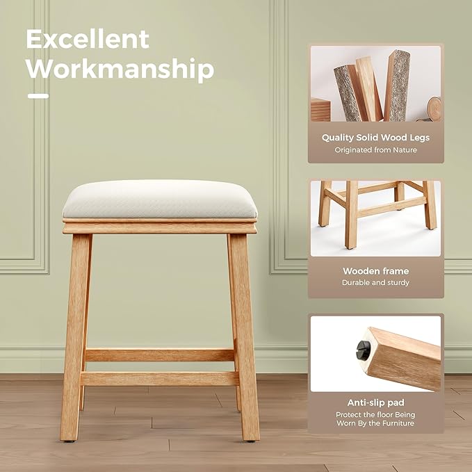 MAISON ARTS Off White Counter Height 24 inch Bar Stools Set of 3 for Kitchen Counter Solid Wood Legs with Faux Leather Padded Seat Farmhouse Barstools for 34"-38" Counter Island Upholstered Stools
