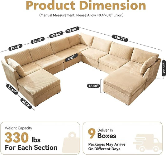 Large 9 Seat Modular Sectional Sofa with Ottoman Seat Corduroy Sleeper Sectional Sofa Bed Oversized Convertible Modular Couch for Living Room