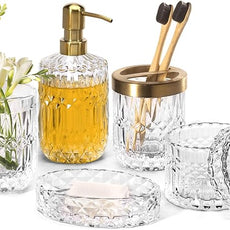 EMPO 6PCS Bathroom Clear Glass Accessories Set (Lotion Soap Dispenser, Soap Dish, Toothbrush Holder, Tumbler, Cotton Swab Jar), Contemporary Modern Decor Crystal Vintage Gift (6pcs Clear)